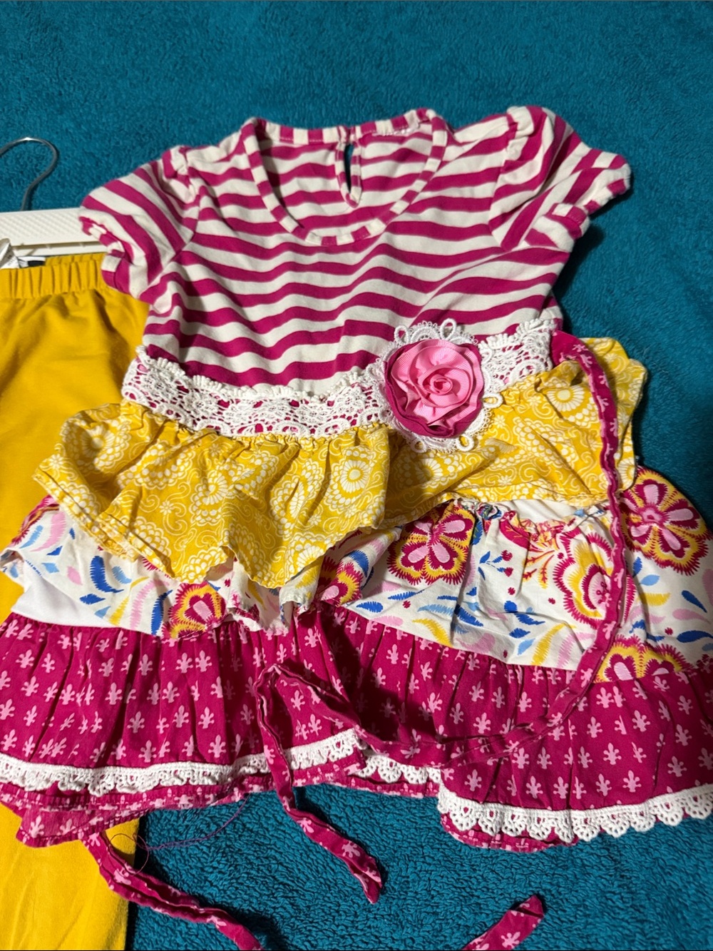 Counting Daisies Striped Pink & White Floral Tiered Dress with Yellow Accents 6x